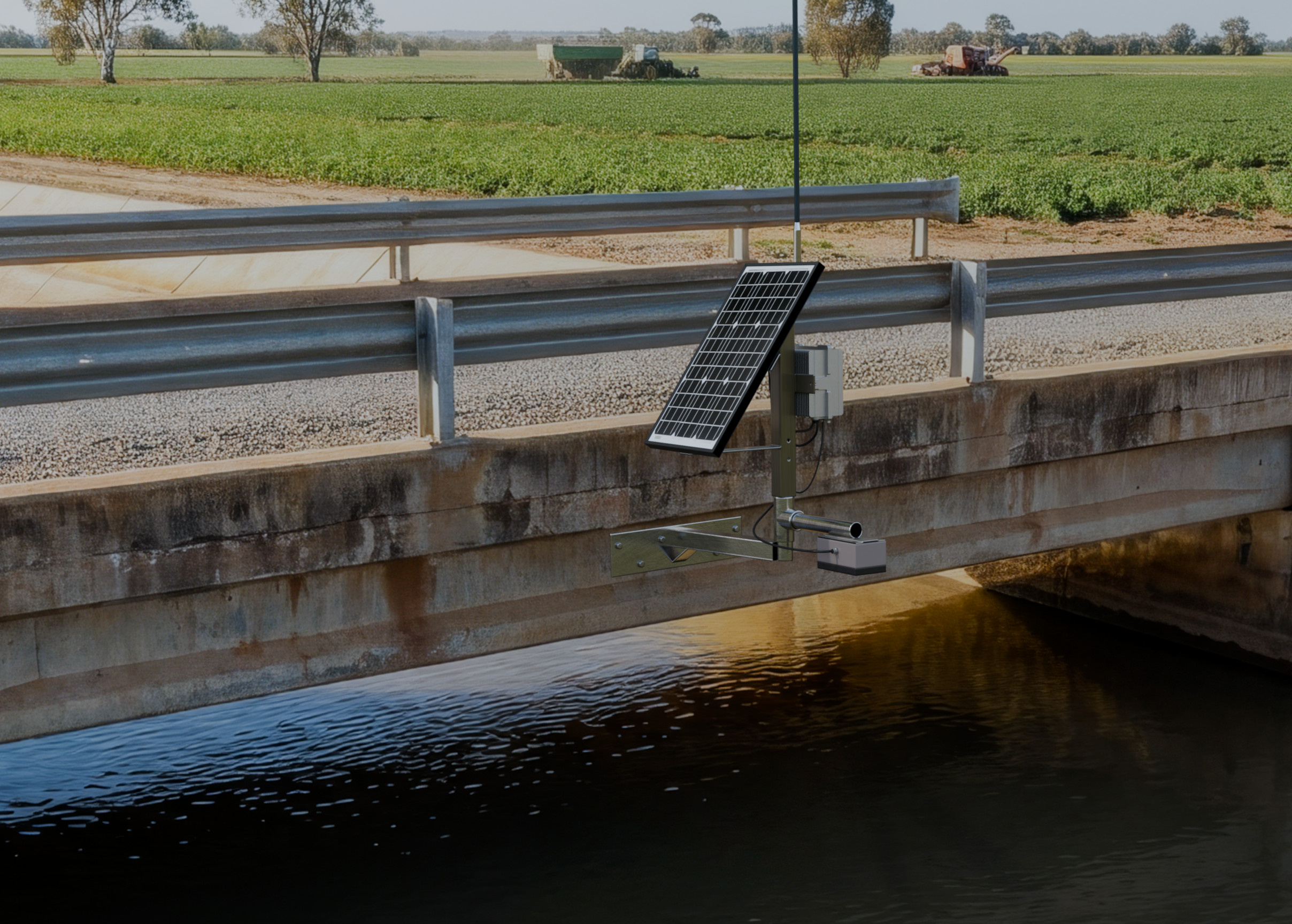 SynaptiX open channel volumetric flow meter mounted on an irrigation channel